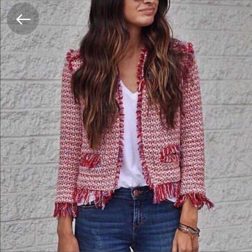 Zara Basic Red Tweed blazer Open Front Size Large